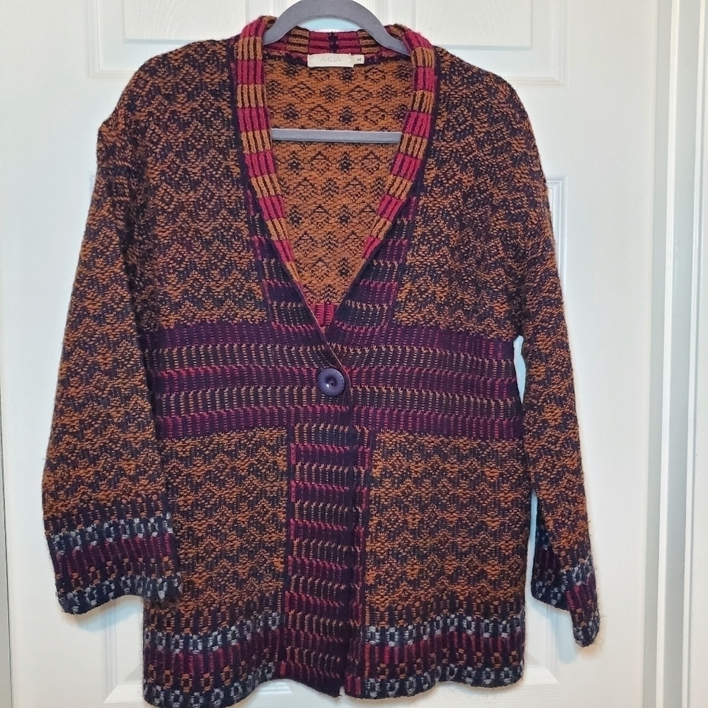 A. Ida Wool Blend Cardigan Sweater One Button Closure Sz M
